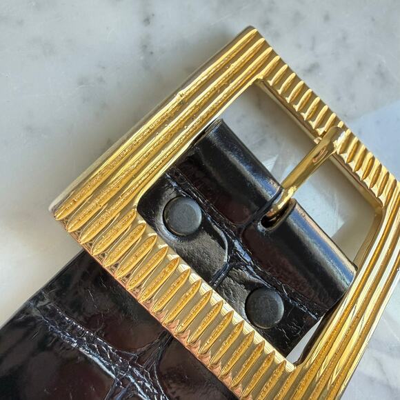 Kleinberg Sherrill American Alligator Belt Navy Gold Buckle Womens M Made in USA main image 6